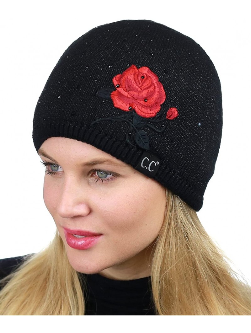 Skullies & Beanies Rhinestone Embellished Embroidered Rose Angora Skull Cap Beanie - Black - CY187ELRMOG $28.12