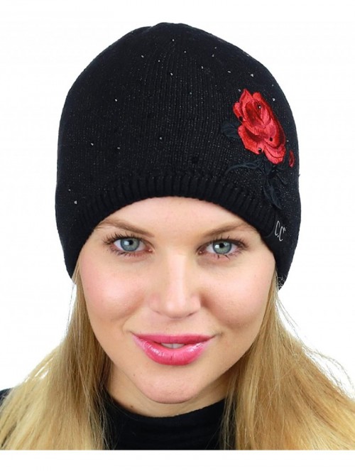 Skullies & Beanies Rhinestone Embellished Embroidered Rose Angora Skull Cap Beanie - Black - CY187ELRMOG $28.12