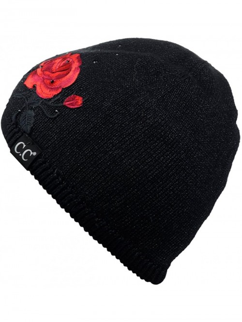 Skullies & Beanies Rhinestone Embellished Embroidered Rose Angora Skull Cap Beanie - Black - CY187ELRMOG $28.12