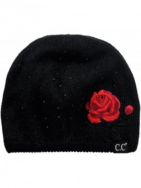 Skullies & Beanies Rhinestone Embellished Embroidered Rose Angora Skull Cap Beanie - Black - CY187ELRMOG $28.12