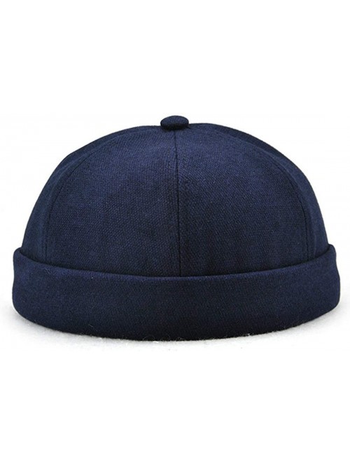 Skullies & Beanies Mens Solid Color Cotton Brimless Hat Foldable Harbour Docker Hat Rolled Cuff Sailor Skull Cap - Navyblue -...