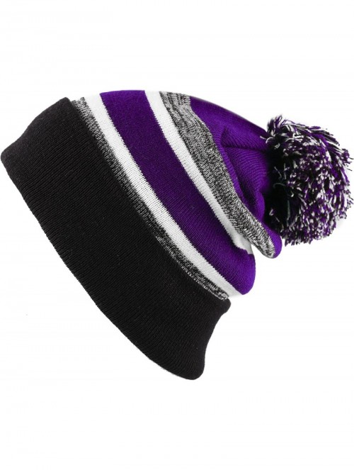 Skullies & Beanies Winter Soft Unisex Cuff Pom Pom Stripe Knit Beanie Skull Slouch Hat - Black/Purple -2 - CT188Q8NDCL $13.62