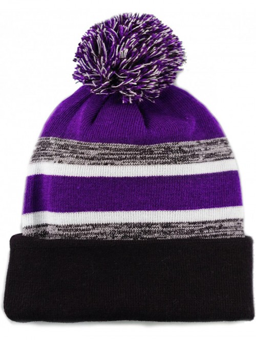 Skullies & Beanies Winter Soft Unisex Cuff Pom Pom Stripe Knit Beanie Skull Slouch Hat - Black/Purple -2 - CT188Q8NDCL $13.62