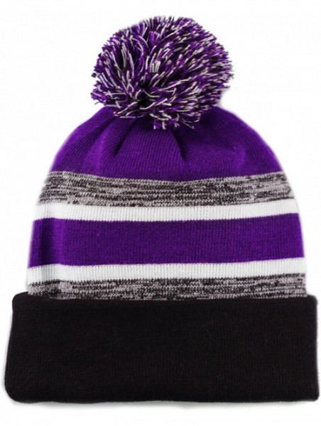 Skullies & Beanies Winter Soft Unisex Cuff Pom Pom Stripe Knit Beanie Skull Slouch Hat - Black/Purple -2 - CT188Q8NDCL $13.62