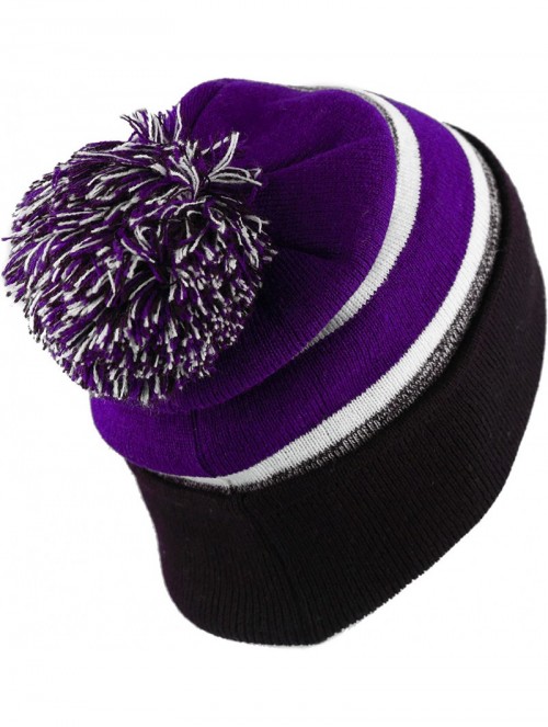 Skullies & Beanies Winter Soft Unisex Cuff Pom Pom Stripe Knit Beanie Skull Slouch Hat - Black/Purple -2 - CT188Q8NDCL $13.62