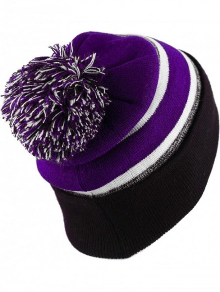 Skullies & Beanies Winter Soft Unisex Cuff Pom Pom Stripe Knit Beanie Skull Slouch Hat - Black/Purple -2 - CT188Q8NDCL $13.62