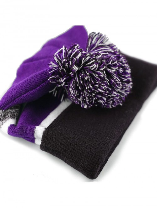 Skullies & Beanies Winter Soft Unisex Cuff Pom Pom Stripe Knit Beanie Skull Slouch Hat - Black/Purple -2 - CT188Q8NDCL $13.62