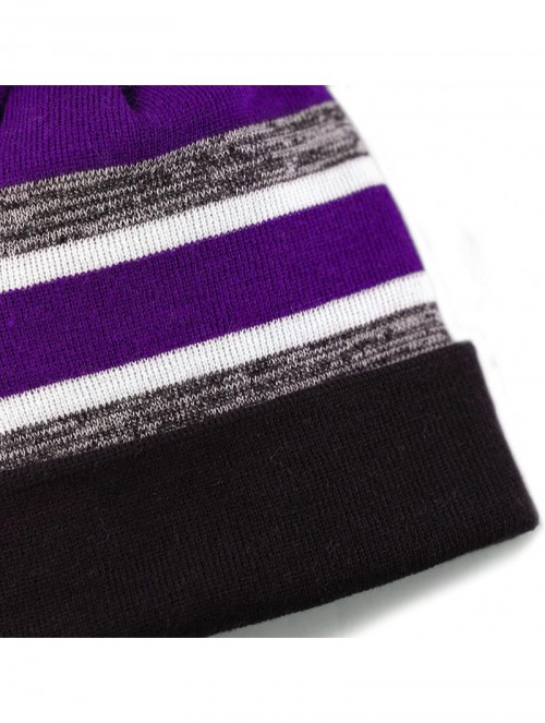 Skullies & Beanies Winter Soft Unisex Cuff Pom Pom Stripe Knit Beanie Skull Slouch Hat - Black/Purple -2 - CT188Q8NDCL $13.62