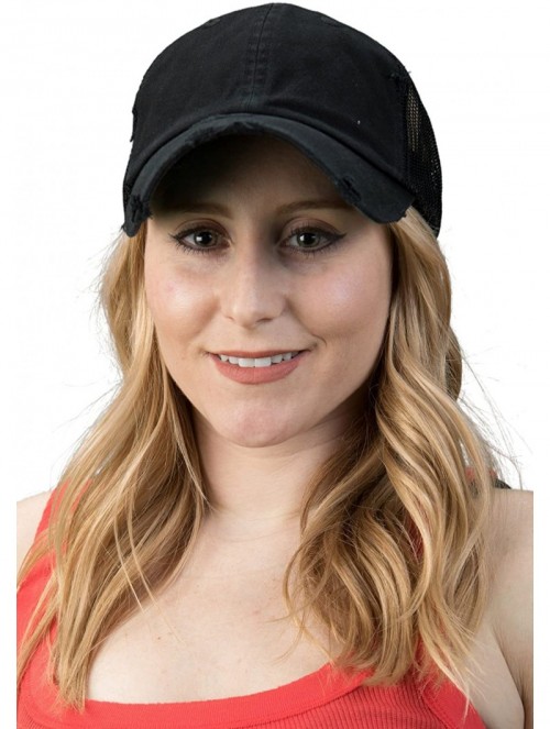 Baseball Caps Women's Adjustable Athletic Trucker Hat Mesh Baseball Cap Dad Hat - Solid Distressed - Black - CO18D75Z9IW $14.55