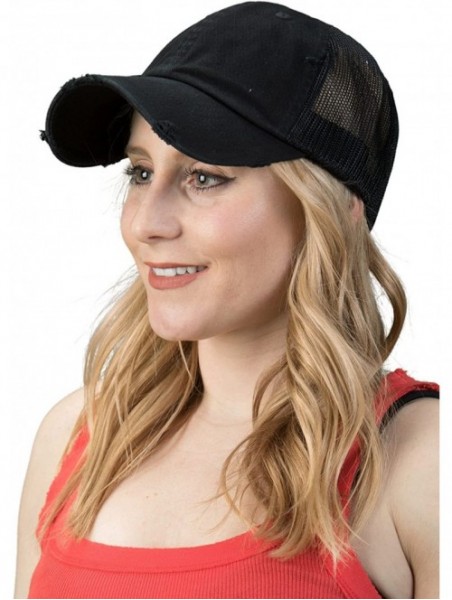 Baseball Caps Women's Adjustable Athletic Trucker Hat Mesh Baseball Cap Dad Hat - Solid Distressed - Black - CO18D75Z9IW $14.55