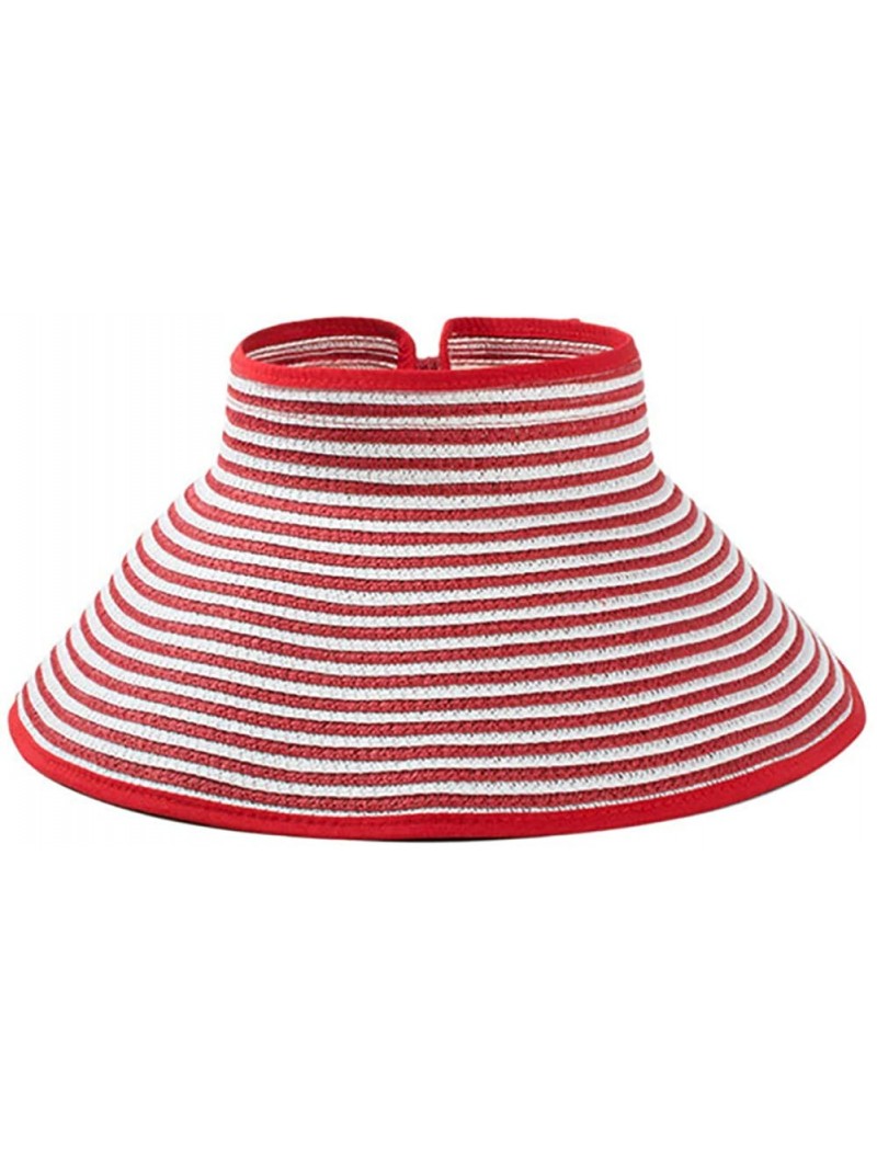 Sun Hats Women's Summer Foldable Straw Sun Visor w/Cute Bowtie Comfortable Beach Cap - Stripe Red - CJ196ELYCAC $21.47