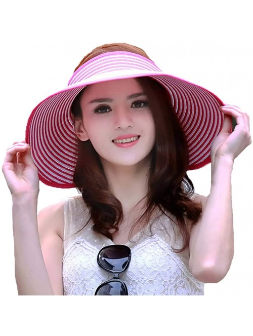 Sun Hats Women's Summer Foldable Straw Sun Visor w/Cute Bowtie Comfortable Beach Cap - Stripe Red - CJ196ELYCAC $21.47