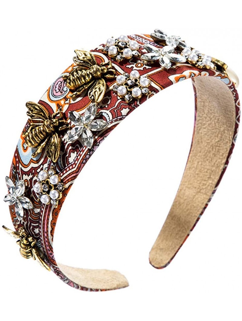 Headbands Vintage Court Style Lady Head Hoop- Elegant Baroque Rhinestone Print Wide-Side Headband - Red - CT192Y4K6RT $15.24