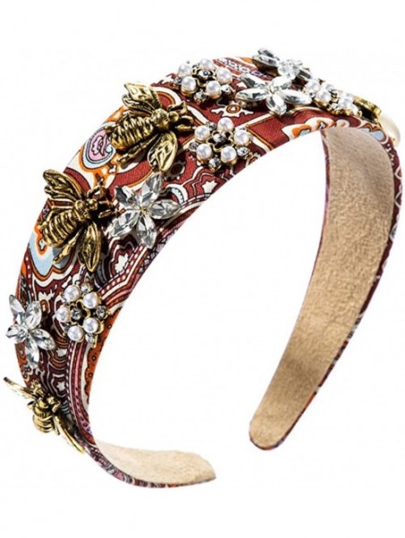 Headbands Vintage Court Style Lady Head Hoop- Elegant Baroque Rhinestone Print Wide-Side Headband - Red - CT192Y4K6RT $15.24