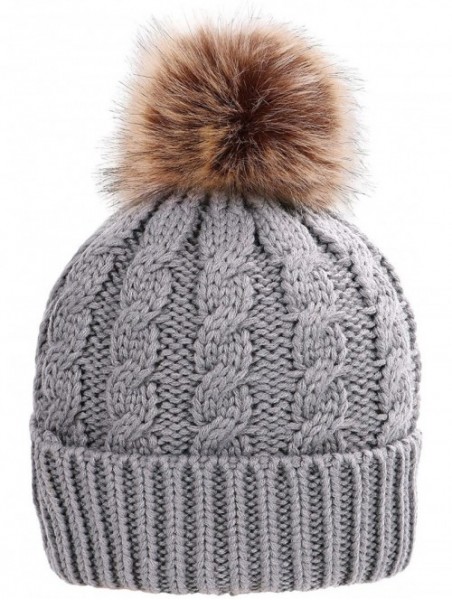 Skullies & Beanies Womens Winter Hand Knit Faux Fur Pompoms Beanie Hat - Single-grey - CJ12BYRSCYZ $20.79