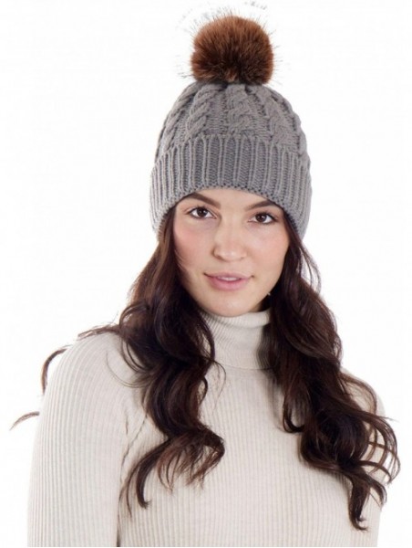 Skullies & Beanies Womens Winter Hand Knit Faux Fur Pompoms Beanie Hat - Single-grey - CJ12BYRSCYZ $20.79