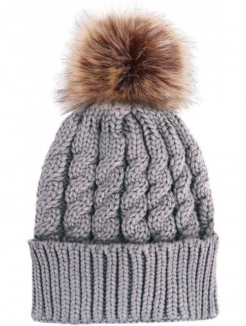 Skullies & Beanies Womens Winter Hand Knit Faux Fur Pompoms Beanie Hat - Single-grey - CJ12BYRSCYZ $20.79