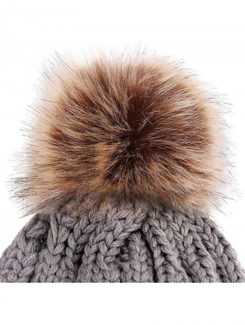 Skullies & Beanies Womens Winter Hand Knit Faux Fur Pompoms Beanie Hat - Single-grey - CJ12BYRSCYZ $20.79