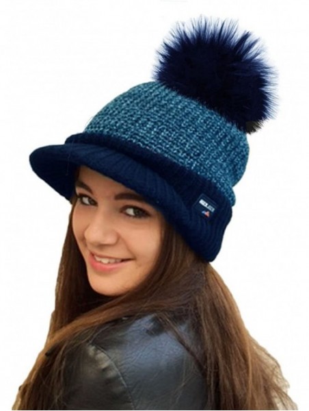 Skullies & Beanies Ladies Warm Fleece Lined Knitted Peaked Beanie Baseball Cap with Detachable Faux Fur Pompom- wear with or ...