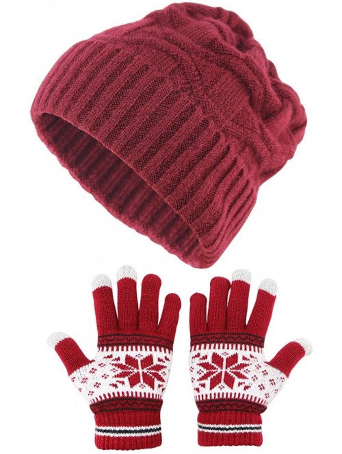Skullies & Beanies Winter Warm Knitted Beanie Hats Slouchy Skull Cap Velvet Lined Touch Screen Gloves for Men Women - Red - C...