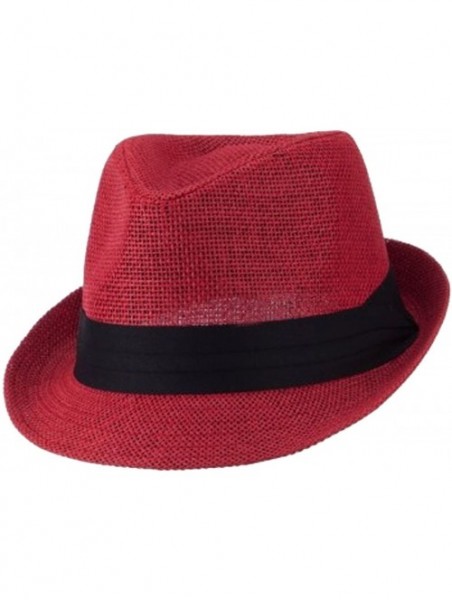 Fedoras Mens 3 Layer Pleated Band Solid Color Straw Fedora - Red - C211WTDFGZR $13.61