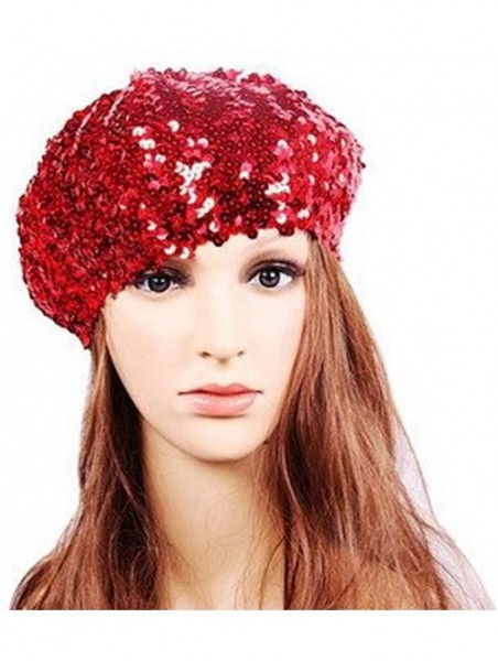 Berets Sparkly Sequins Beret Hat Glitter Mermaid Cap for Dancing Party Fancy Dress - Red - CB182S7YRS9 $15.25