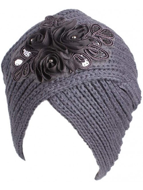 Skullies & Beanies Women's Turban Winter Hat Knitted Cross Headband India Cap Beanie with Sequins Flower - Grey - CU18I5NIEWO...