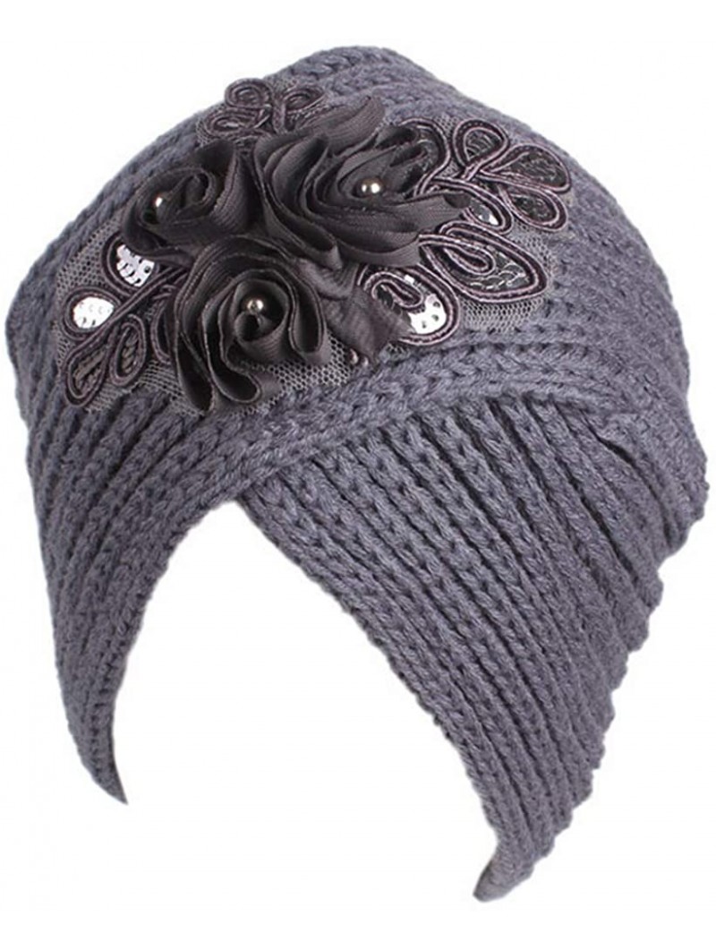 Skullies & Beanies Women's Turban Winter Hat Knitted Cross Headband India Cap Beanie with Sequins Flower - Grey - CU18I5NIEWO...