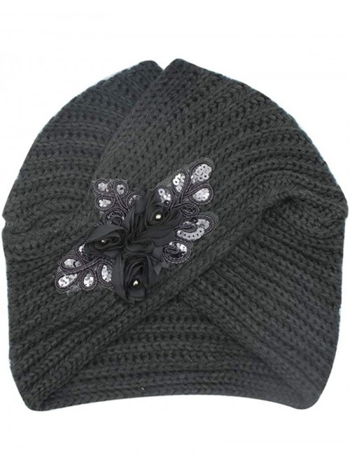 Skullies & Beanies Women's Turban Winter Hat Knitted Cross Headband India Cap Beanie with Sequins Flower - Grey - CU18I5NIEWO...