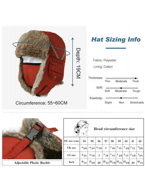 Bomber Hats 100% Rabbit Fur Winter Bomber Trapper Ushanka Russian Mask Hat Earflaps Hunting Waterproof Cap 55-61cm - CM18A9MC...