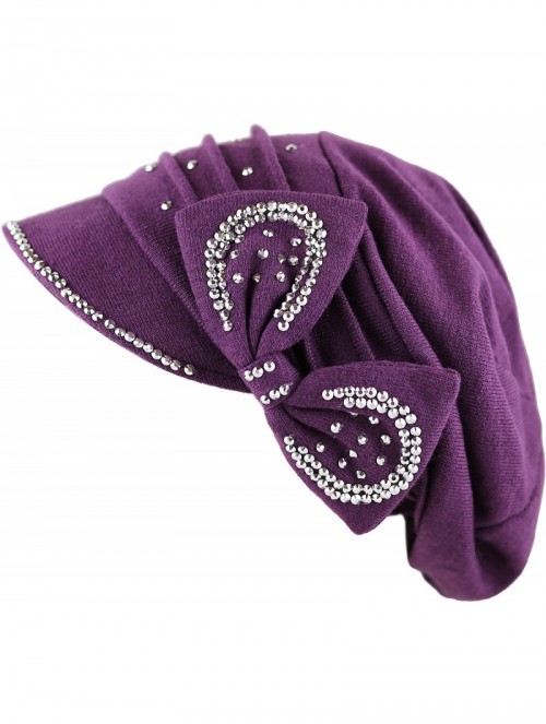 Skullies & Beanies Womens Knit Visor Beanie Cap with Ribbon and Rhinestone Hat - Purple - CM126ILKZ3N $14.17