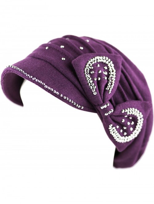 Skullies & Beanies Womens Knit Visor Beanie Cap with Ribbon and Rhinestone Hat - Purple - CM126ILKZ3N $14.17