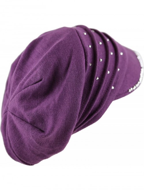 Skullies & Beanies Womens Knit Visor Beanie Cap with Ribbon and Rhinestone Hat - Purple - CM126ILKZ3N $14.17