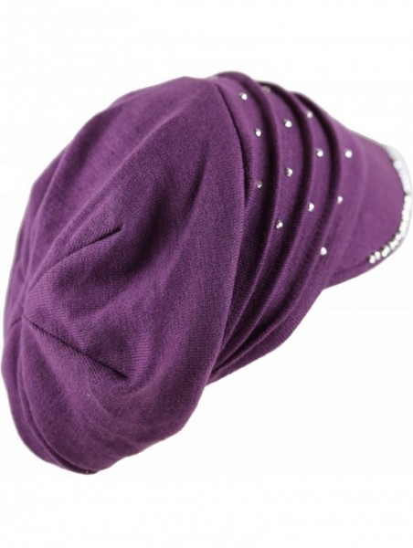 Skullies & Beanies Womens Knit Visor Beanie Cap with Ribbon and Rhinestone Hat - Purple - CM126ILKZ3N $14.17