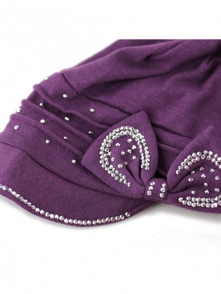 Skullies & Beanies Womens Knit Visor Beanie Cap with Ribbon and Rhinestone Hat - Purple - CM126ILKZ3N $14.17