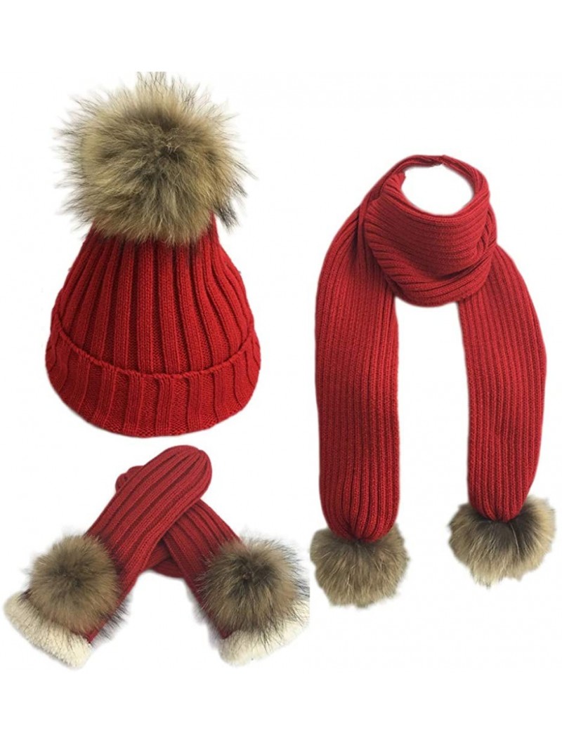 Skullies & Beanies Women Pom Pom Beanie Hat Scarf Gloves Set Winter Thick Knitted 3 piece Mitten Sets - Red - CI188Q6U6Q4 $33.23