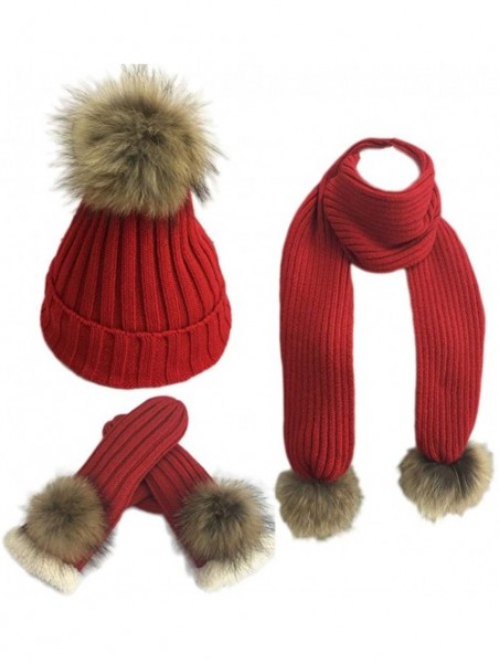 Skullies & Beanies Women Pom Pom Beanie Hat Scarf Gloves Set Winter Thick Knitted 3 piece Mitten Sets - Red - CI188Q6U6Q4 $33.23