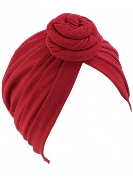 Skullies & Beanies Womens Big Flower Turban Beanie Elegant Cap Head Wrap Stretch Long Hair Scarf Headscarf - 441-wine - CU198...