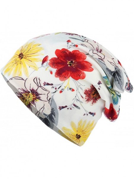 Skullies & Beanies Flower Printed Beanie Women Turban Headband Chemo Cap - White&red - C618QK5U8WY $13.45