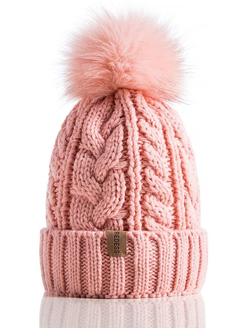 Skullies & Beanies Women Winter Pompom Beanie Hat with Warm Fleece Lined- Thick Slouchy Snow Knit Skull Ski Cap - 1 Pink - C1...