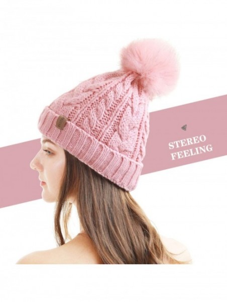 Skullies & Beanies Women Winter Pompom Beanie Hat with Warm Fleece Lined- Thick Slouchy Snow Knit Skull Ski Cap - 1 Pink - C1...