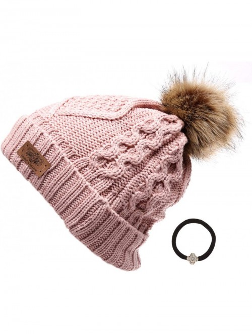 Skullies & Beanies Women's Winter Fleece Lined Cable Knitted Pom Pom Beanie Hat with Hair Tie. - Indi Pink - CY12MXV3SVS $16.62