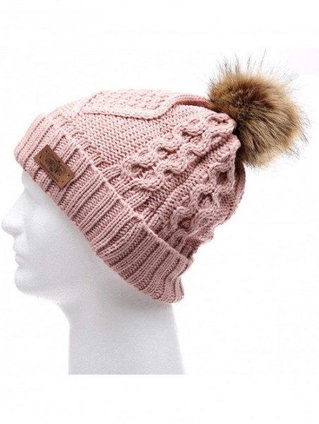 Skullies & Beanies Women's Winter Fleece Lined Cable Knitted Pom Pom Beanie Hat with Hair Tie. - Indi Pink - CY12MXV3SVS $16.62