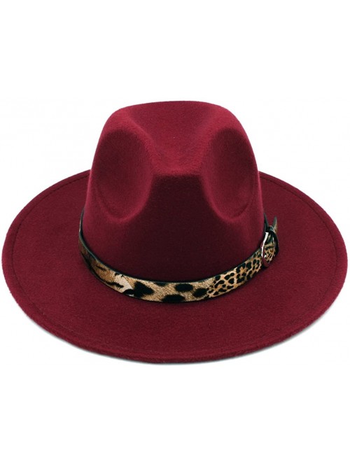 Fedoras Women's Wool Blend Panama Hats Wide Brim Fedora Trilby Caps Leopard Leather Band - Wine Red - CW18670S4HS $15.35