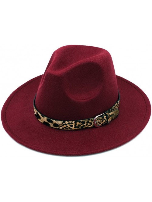 Fedoras Women's Wool Blend Panama Hats Wide Brim Fedora Trilby Caps Leopard Leather Band - Wine Red - CW18670S4HS $15.35