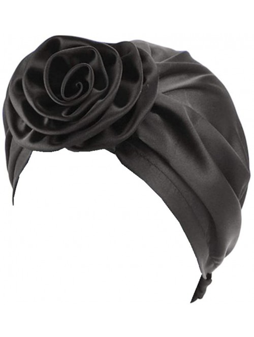 Skullies & Beanies Women's Satin Flower Elastic Turban Beanie Chemo Cap Hair Loss Hat - Black - C618SM0UEOT $15.40