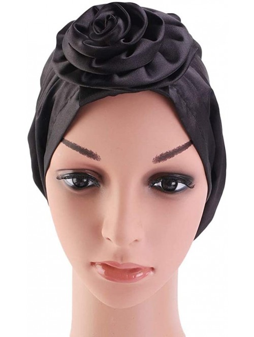 Skullies & Beanies Women's Satin Flower Elastic Turban Beanie Chemo Cap Hair Loss Hat - Black - C618SM0UEOT $15.40