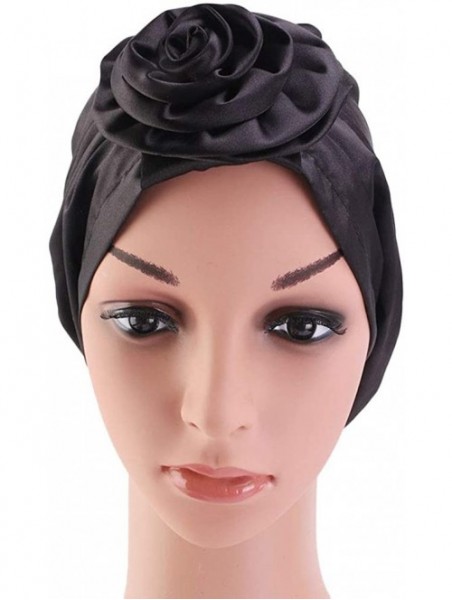 Skullies & Beanies Women's Satin Flower Elastic Turban Beanie Chemo Cap Hair Loss Hat - Black - C618SM0UEOT $15.40