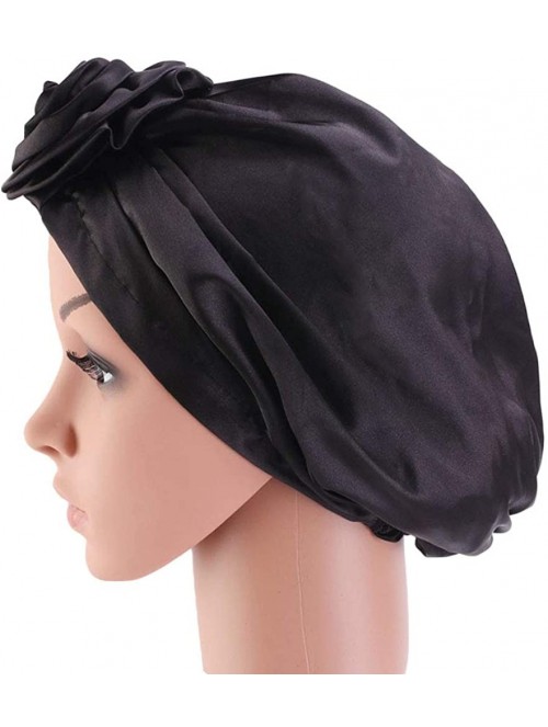 Skullies & Beanies Women's Satin Flower Elastic Turban Beanie Chemo Cap Hair Loss Hat - Black - C618SM0UEOT $15.40