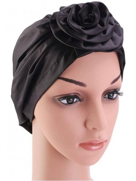 Skullies & Beanies Women's Satin Flower Elastic Turban Beanie Chemo Cap Hair Loss Hat - Black - C618SM0UEOT $15.40